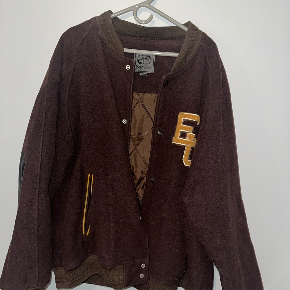 Vintage Ecko Brown Varsity Jacket with Yellow Lettering